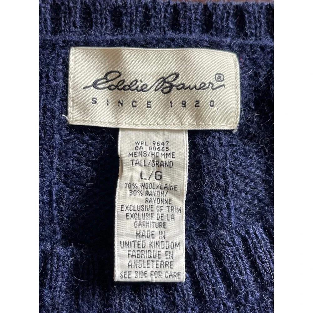 Vintage Eddie Bauer Mens Large Tall Navy Wool Ribbed Sweater Fisherman Grandpa - Picture 3 of 6